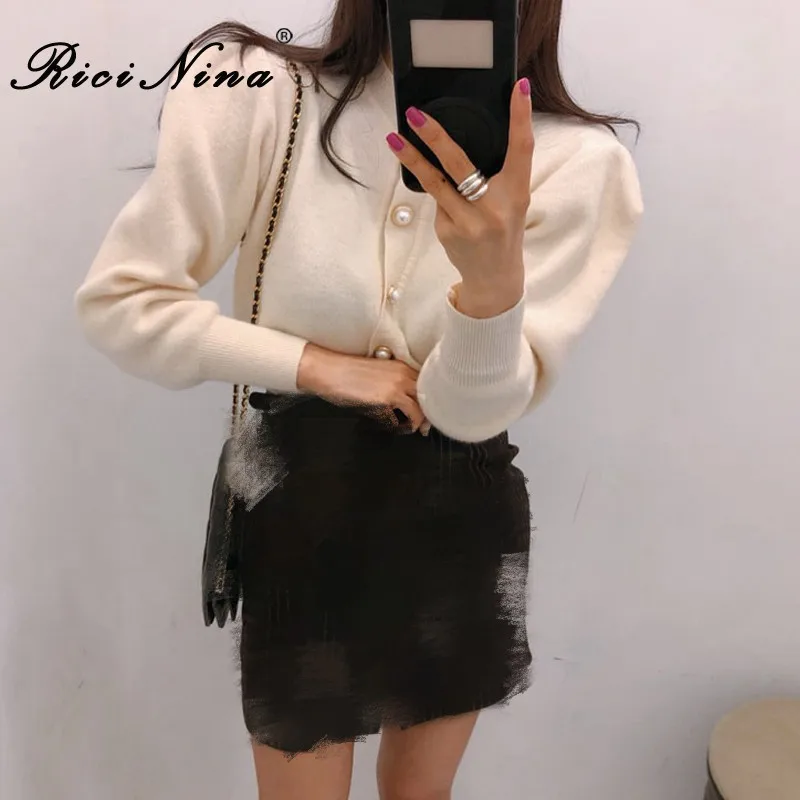 Beige Sweater Women RICININA, вязаный женский свитер, кардиган, длинный рукав, на пуговицах, однотонный, элегантный, женские свитера,, повседневный кардиган для женщин, весна - Цвет: Beige Sweater Women