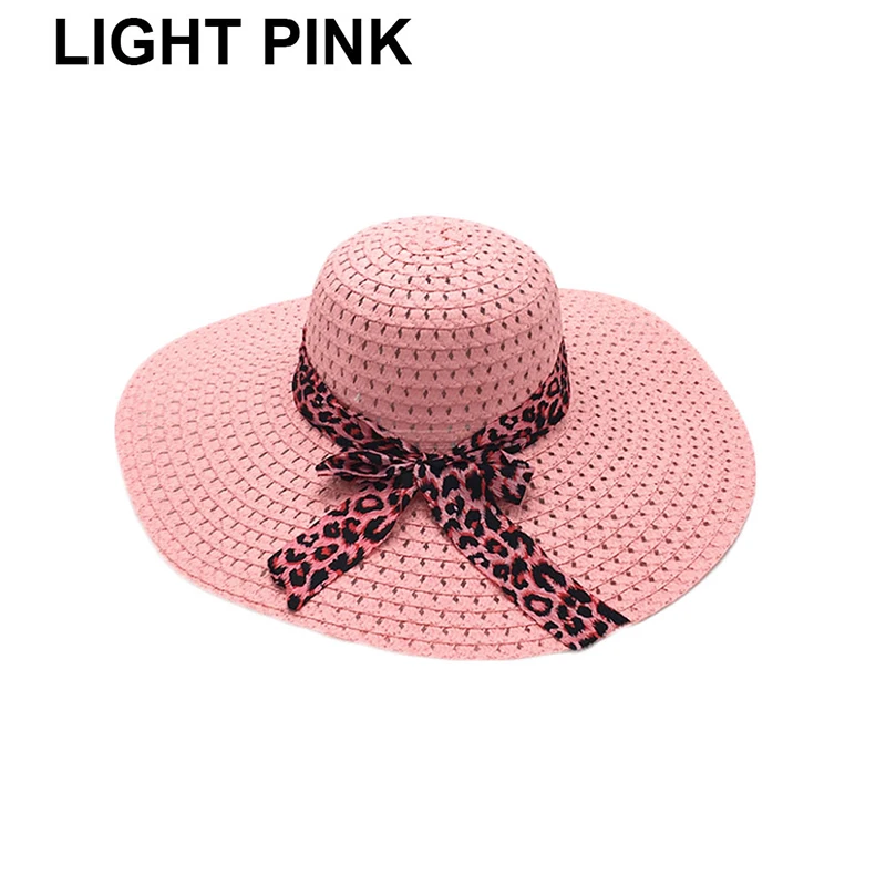 Light Pink Стильная леопардовая лента, пляжная шляпа, женские летние шляпы, модная пляжная шляпа, Женская кепка, широкие свисающие поля, складывающаяся летняя соломенная шляпа от солнца в богемном стиле - Цвет: Light Pink