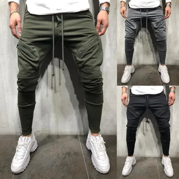 

2020 Europe and the United States Men's Running Cycling Fitness Zipper Pocket Jogging Men's Feet Solid Color Men's Casual Pants