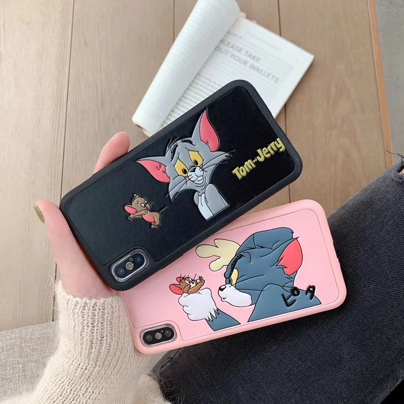 Милый чехол для пары Tom Jerry для iPhone 6 6 plus 7 7plus 8 8plus X XR XS MAX, Забавный чехол для телефона из искусственной кожи с мультяшной мышкой и кошкой
