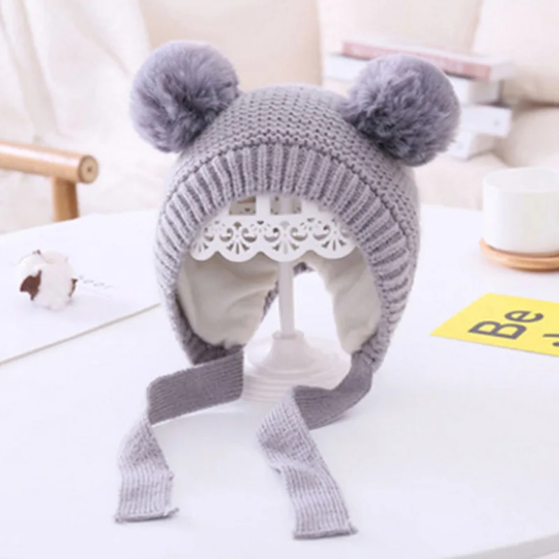Winter Warm Baby Hat With Lacing Double Pompom Knitted Ear