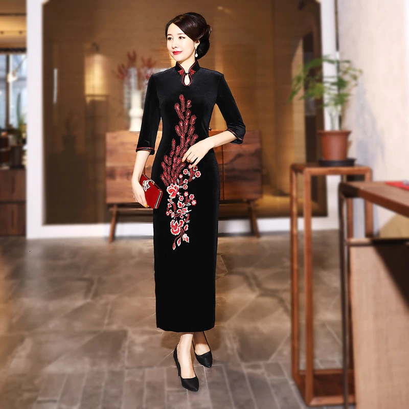 Sheng Coco винтажные элегантные длинные Qipao Павлин цветы велюр вышитые Cheongsam женские традиционные китайские платья Шанхай