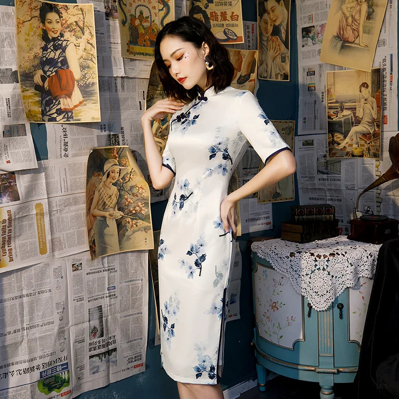 Женская Китайская одежда с коротким рукавом Cheongsam Китайский Стиль Элегантное повседневное традиционное платье атласное шелковое Qipao