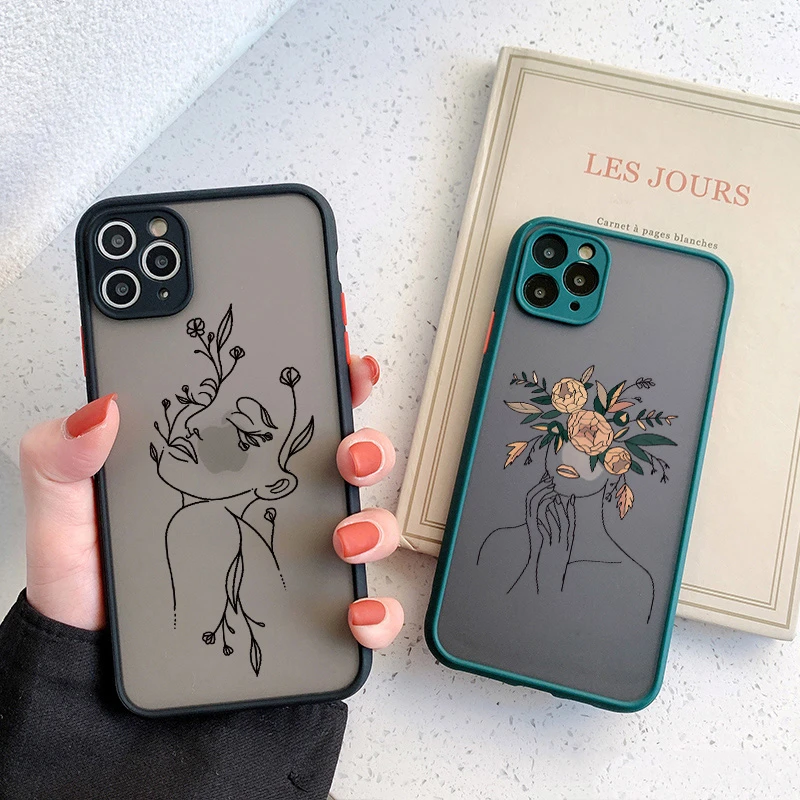 Line Art Sketch Flower Girl Protection Phone Case For Iphone 12 11 13 Pro Max X Xs Xr Se 2 6s 7 8 Plus Hard Translucent Cover Mobile Phone Cases Covers Aliexpress
