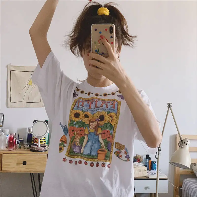 Harajuku Sleeve Shirt PARK flower Print Vintage T-shirt Streetwear Oversize top женские футболки Clothes Short tee Gothic Tshirt