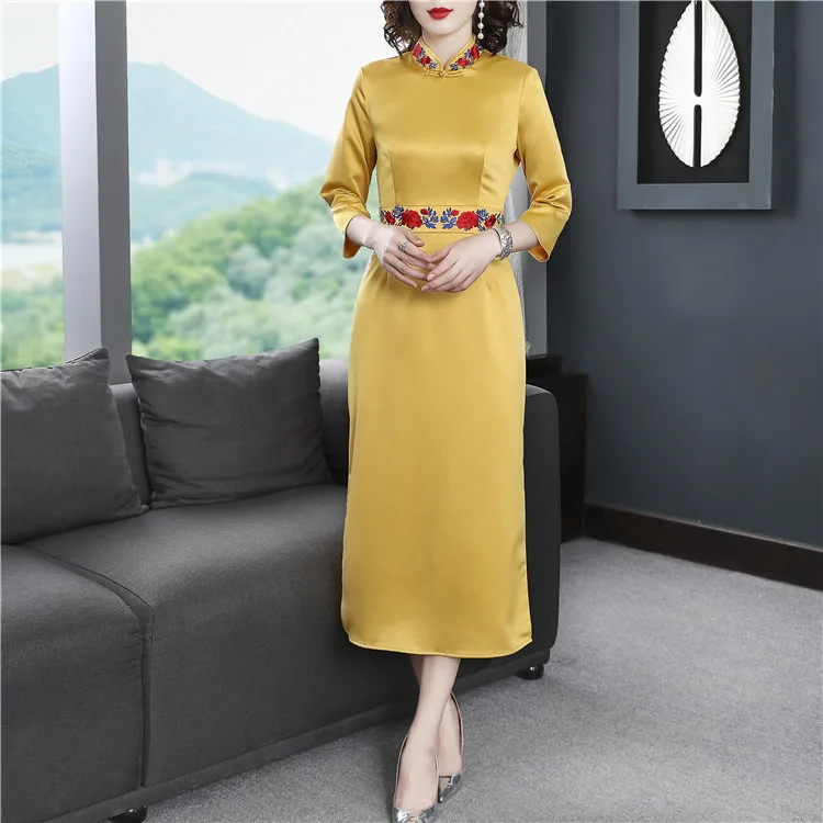 Top Quality Brand Chinese 2020 Spring Summer Women Floral Embroidery 3/4 Sleeve Midi Party Yellow Wine Red Dress Vestidos | Женская