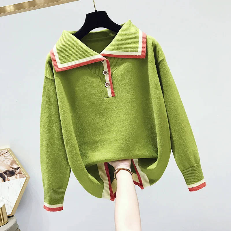 

2019 winter new turn-down collar women sweater and pullovers knitted loose office lady elegant pulls outwear coat tops