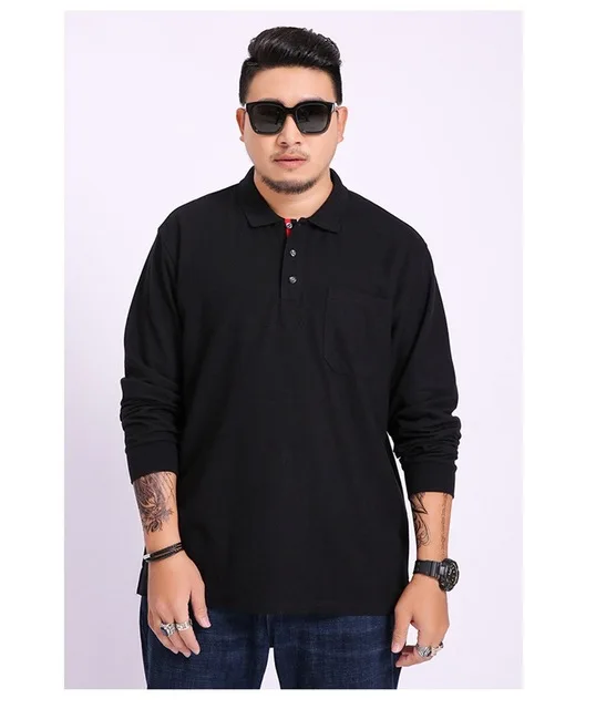 Большой 5XL 6XL Плюс Размер Осенняя мужская футболка с отложным воротником хлопковая футболка с длинными рукавами карман 7XL 8XL повседневные Простые черные футболки топы - Цвет: Черный