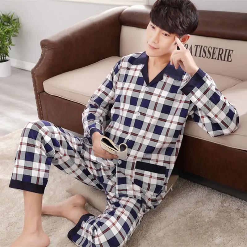 

WAVMIT 2020 New Style Men's Pajamas Set Spring Autumn Male Pajamas Sets Plaid Style Long Sleeve Sleepwear Top +Pant Boy Leisure