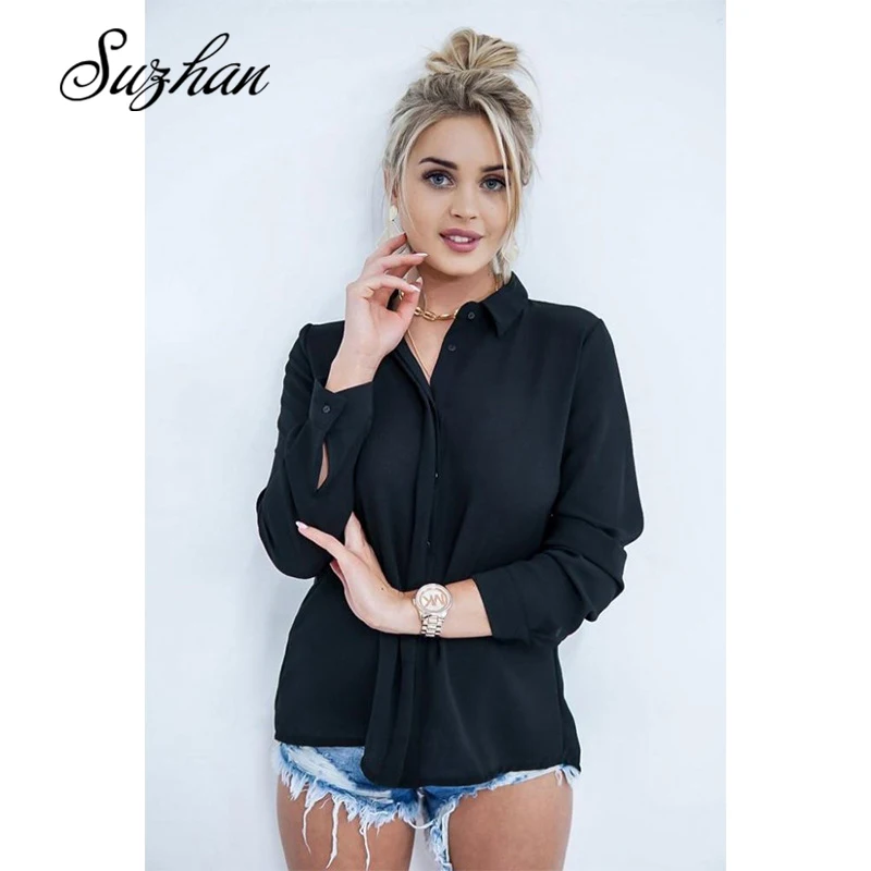 

Suzhan Women Blouses Summer Chiffon Blouse Long Sleeve Turn Down Collar Lace Open Back Lady Office Shirt Loose Casual Tops