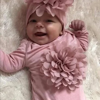 

6Children Girls Rompers Autumn Baby Girl Solid Print Flower Design Infant Long Sleeve Round Neck Jumpsuit+Hat Newborn Romper Set