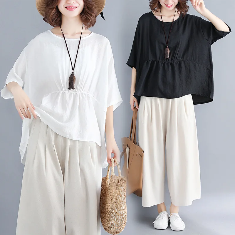 

Photo Shoot 2019 Summer New Style Cotton Linen Loose Pants Set Large Size Flax Two-Piece Set