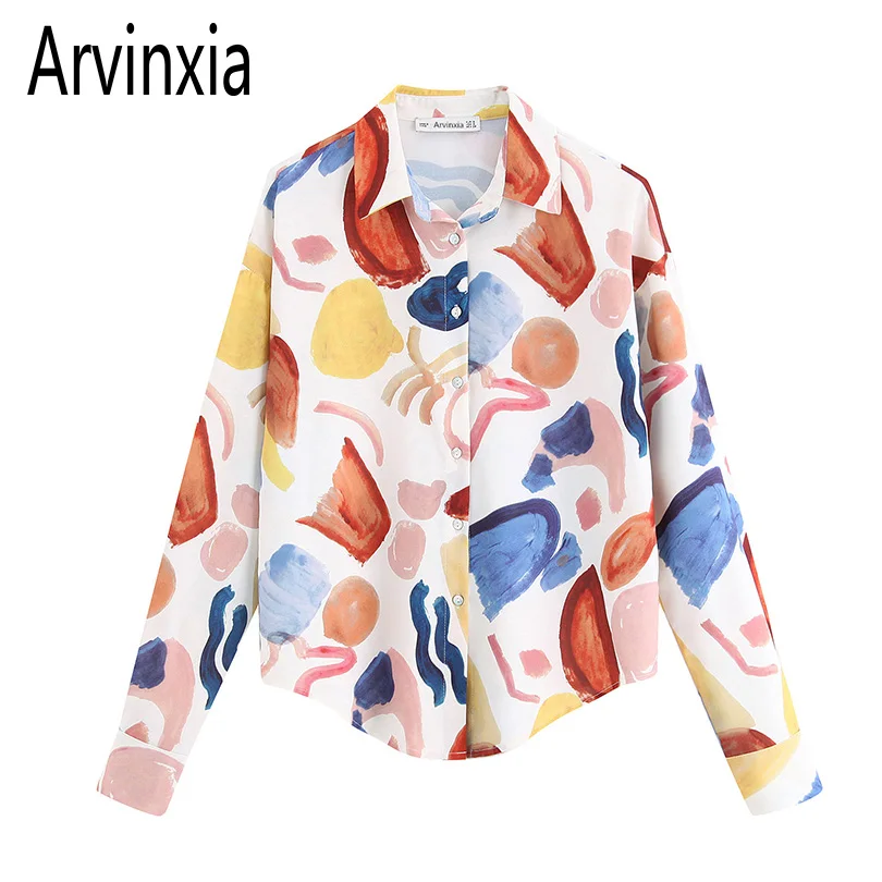 

Arvinxia ZA Sexy Colorful Pattern Printed Woman Shirts Casual Turn Dow Collar Ladies Shirt Fashion Streetwear Loose Lady Blouses