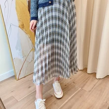 Весна Осень плиссированная клетчатая Женская юбка эластичная высокая талия женские длинные юбки