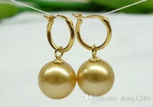 

La belleza de un par de 11-12mm Mar del Sur natural genuino oro pendientes de perlas