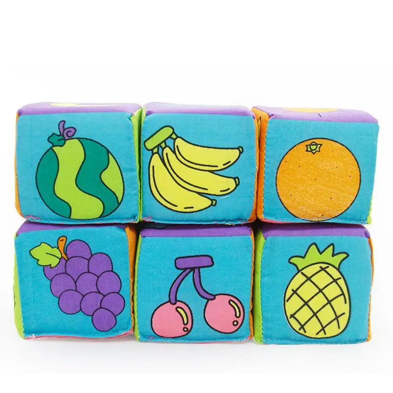 6PCS Plush 3D Puzzles Music Rattle Toys Cognitive Digital Fruit Ball Dolls Cubes Building Blocks Learning Toys For Child