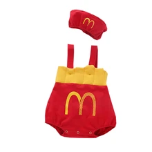 Newborn Infant Baby Girls Boys French Fries Set Cotton Off Shoulder Straps Romper Jumpsuit Cute Casual Outfits Clothes Cap Suit