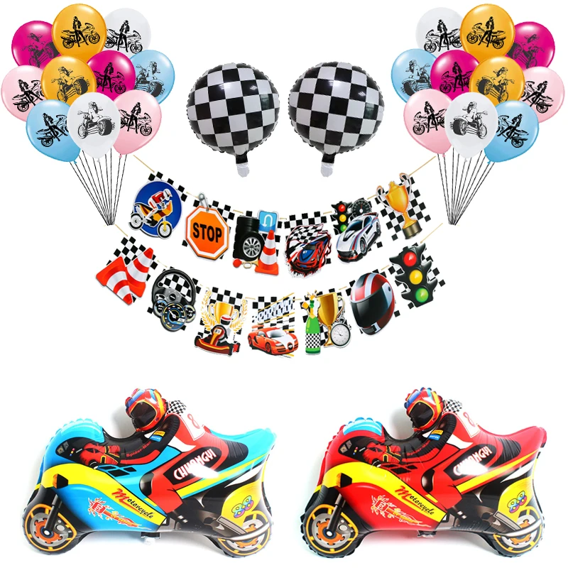Воздушный шар в виде мотоцикла гоночный флаг баннер черный белый клетчатый гоночный автомобиль тематическая вечеринка на день рождения украшение мальчик дети игрушка игра посуда