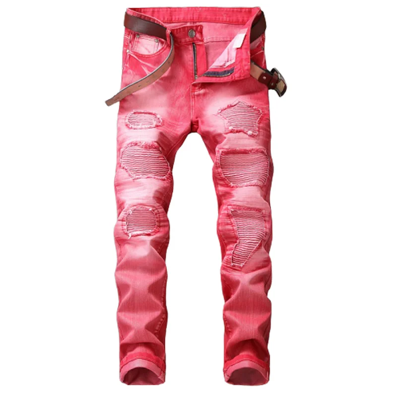 Повседневные мужские джинсы пять цветов брюки с дырками локомотивы прямые