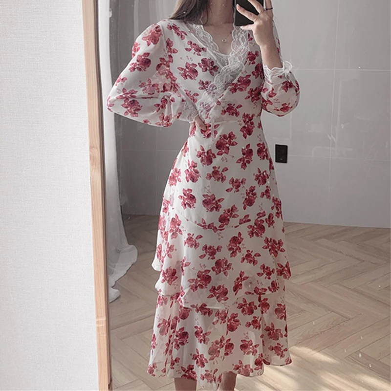 TongLord Spring Lace V-neck Floral Print Women Chiffon Dress 2020 Full Sleeve Lace-up Waist A-line Dress Female Chiffon Vestidos