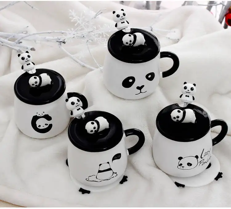 Panda Mug Coffee Breakfast Cup Large Capacity Water Glass Milk Cup Creative Cartoon Ceramic Cup with Lid with Spoon Coffee Cup