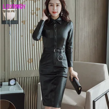 

2019 autumn new women's fashion temperament lapel single-breasted Slim PU leather long-sleeved dress Turn-down Collar