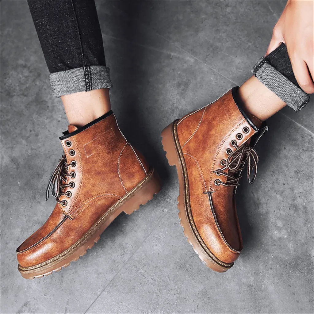 

Men's Short Boots Autumn Winter Leather Boot 2019 Mens Retro Motorcycle Boot Rome Martin Boot Low Heel Ankle Shoes England Style