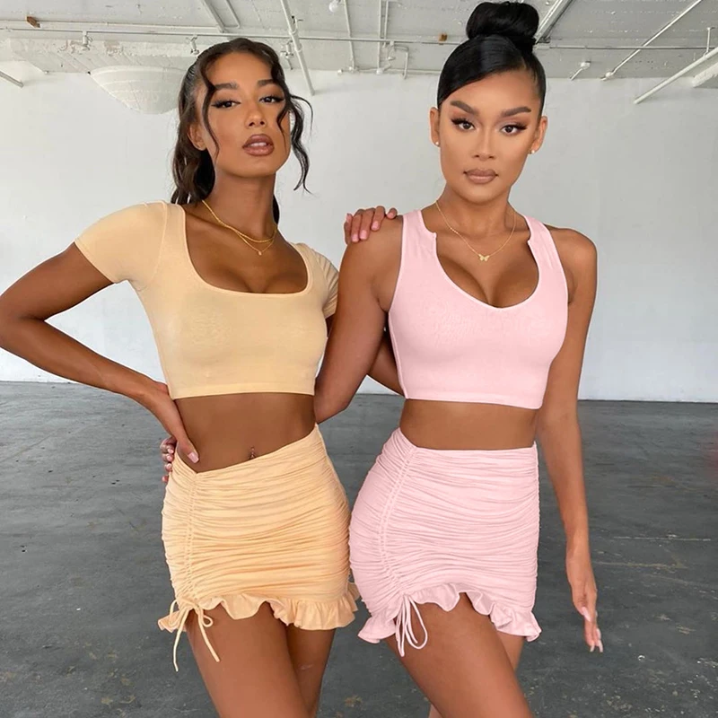 Top corto fruncido para mujer, chándal con falda con volantes, conjunto de dos piezas, ropa rosa para fiesta, 2 piezas con cordón
