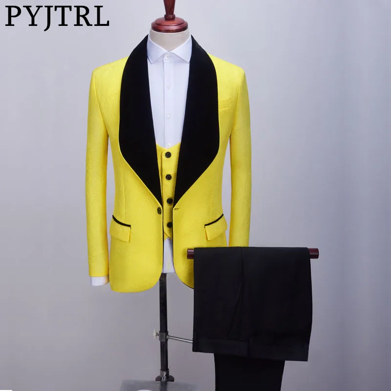 PYJTRL, новинка, Мужской комплект, s шт., желтый жаккардовый цветочный костюм, свадебные костюмы для жениха, для банкета, выпускного, костюм-смокинг, мужской костюм