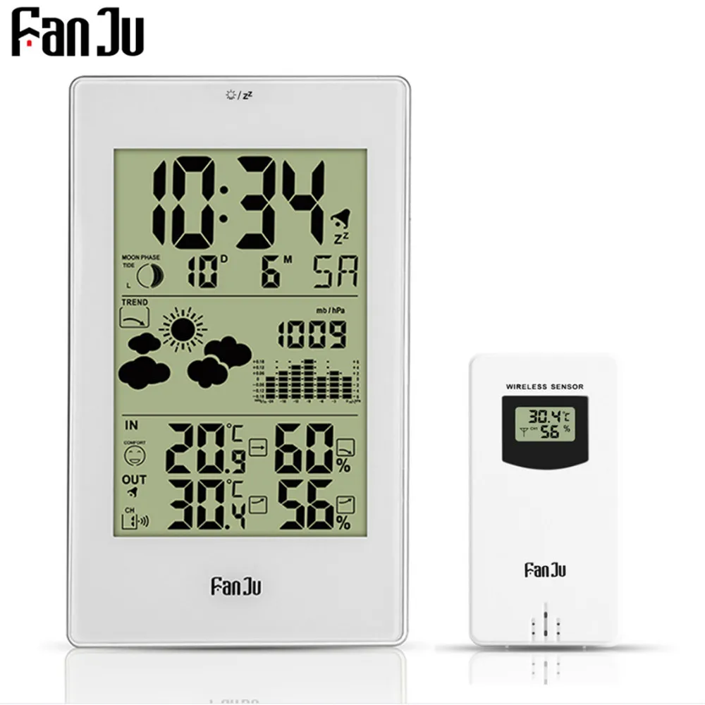 

FanJu Digital Weather Station Alarm Wall Clock Temperature Humidity Wireless Outdoor Sensor Thermometer Hygrometer Clock New