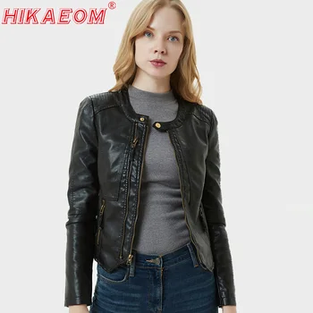 

2019 Spring and Autumn New Women's Short Slim Leather Round Neck Double Zipper PU Washed Leather Short Jacket Motorcycle Jacket