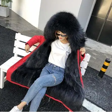 winter fashion real fox hair liner detachable women real fox fur collar warm hooded high quality women fur coat parka - Цвет: 9