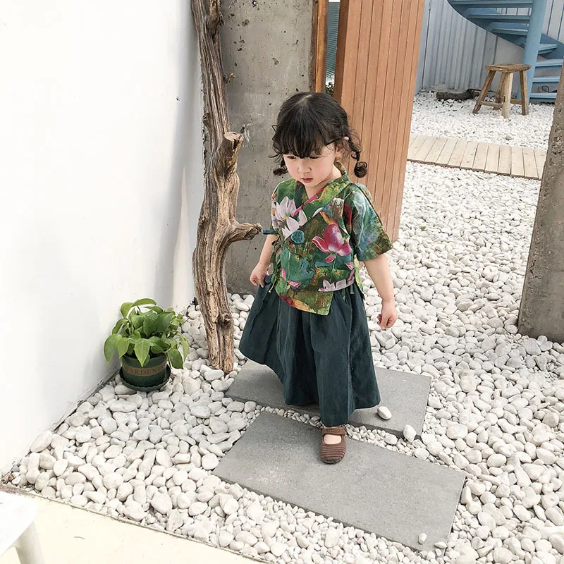 

Summer Pure Cotton CHILDREN'S Suit GIRL'S Short-sleeve Skirt Retro Lotus Set Baby Home Wear Japanese Style Kimono
