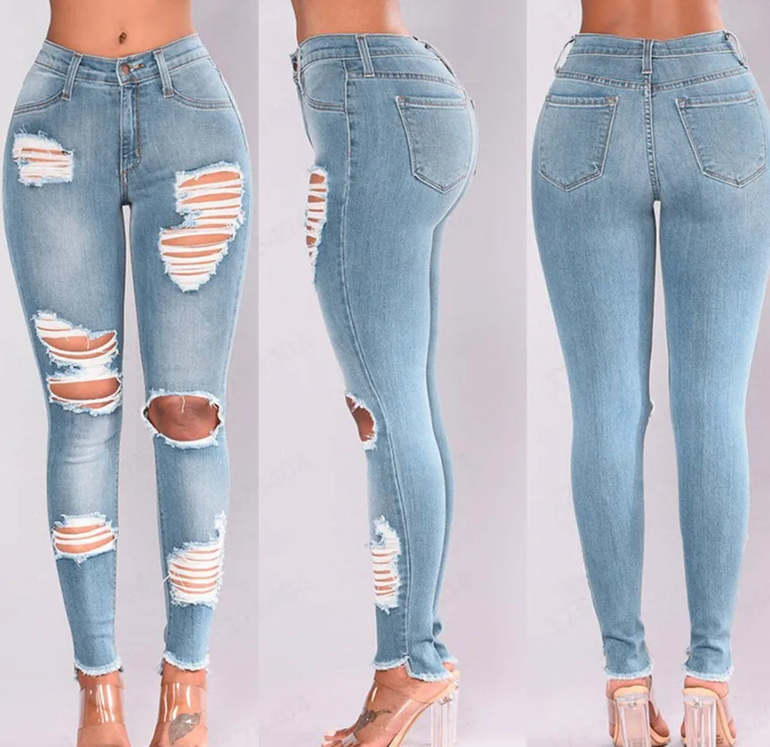 

3Y Cross Border Wish Amazon 2020 New High Waisted Hip Lifting Elastic Little Foot Broken Hole Pencil Jeans Women's Pants