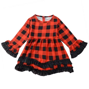 

Casual Baby Girls Dress Solid Print Long Flare Sleeve Bowknot Design Kids Princess Dresses