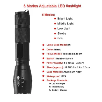 

Tactical T6 Zoom 10000LM LED Flashlight 18650 Battery Portable Lamp with Battery Charger Clip