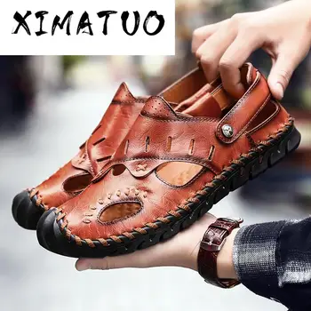

2020 Summer Leather Sandals Men Outdoor Beach Sandals Breathable Comfortable Fashion Mens Rubber Flip Flops Shoes Big Size 39-48
