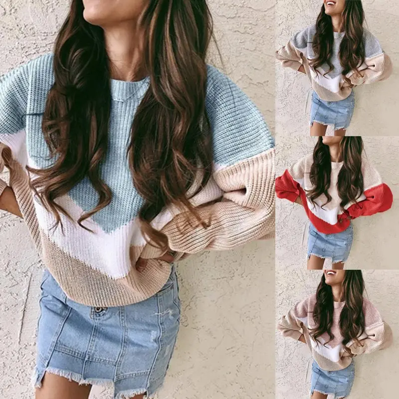 

Knitted Patchwork Jumper Loose Sweater Women Sueter Feminino Sweet Batwing Sleeve O-neck 2019 Autumn Winter Lady Casual Sweaters
