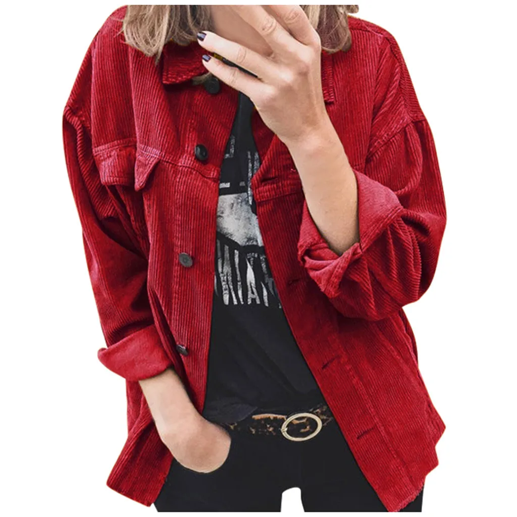 Зима модная женская Повседневная джинсовая куртка с красным карманом и длинным рукавом Женская куртка на пуговицах Вельветовые женские ветровки пальто