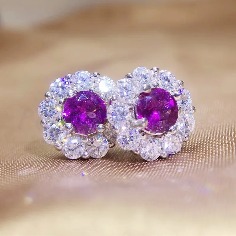 Натуральный настоящий аметист серьги-гвоздики 0.7ct* 2 шт драгоценный камень Серебро 925 пробы для мужчин или женщин# Q910182