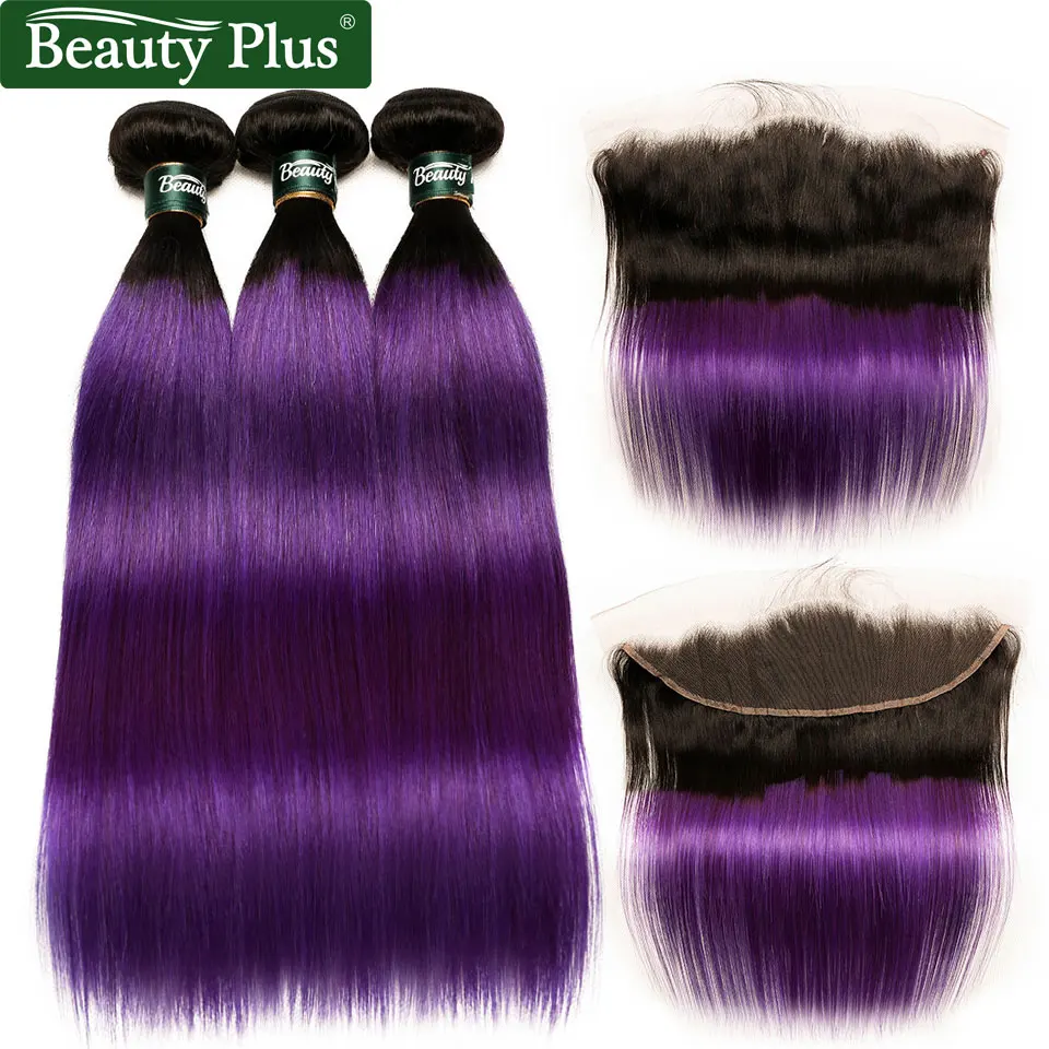 

Purple Hair Bundles With Frontal Ombre Straight Bundles With Closure 13*4 Inch Non Remy Brazilian Human Hair Weave Baby Hair BP