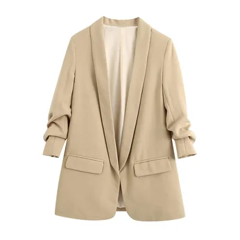 

Office Wear Basic Women Blazer Coat Stylish Rolled-up Sleeves Pockets Female Outerwear Chic Tops Female Solid Jacket Coat