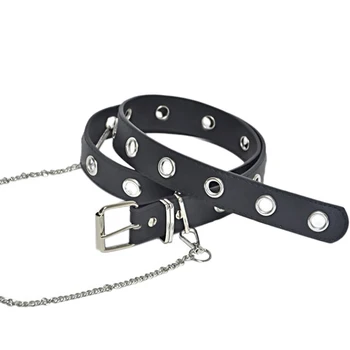 

Gothic Pu Leather Waist Belt Row Hole Belt Women Metal Rings Link Chain Buckle Belts Belt Punk Waistband Black