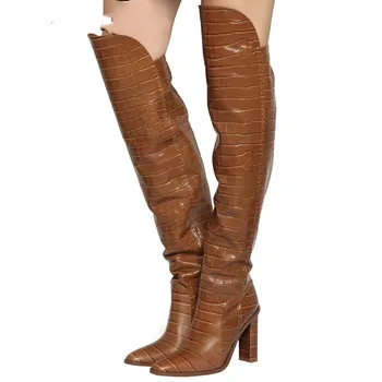

Prova Perfetto Pointed Toe Crocodile Pattern Over The Knee High Boots Woman Square Heels Knight Boots Woman Runway Western Boots