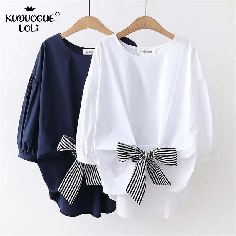 Женская футболка с круглым вырезом рукавом три четверти и бантом в студенческом