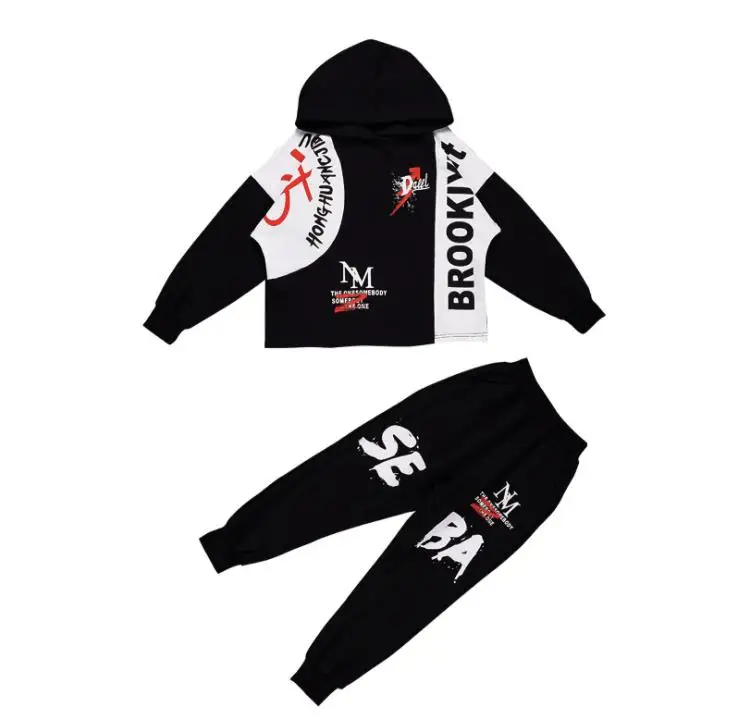 black sets Модный комплект Детский комплект для маленьких мальчиков осенние комплекты одежды в стиле «хип-хоп» Набор из двух вещей хлопковая одежда для сна, красные, синие Паркур» для мальчиков, одежда с принтом в виде надписи - Цвет: black sets