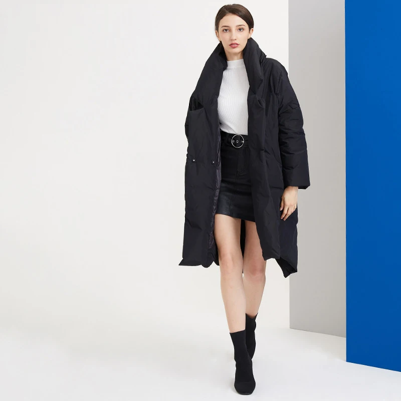 kjmyyx New Winter Jacket Women Elegant Turn Down Collar Office Lady Goose Down Jacket Long Style Warm Loose Female Overcoat