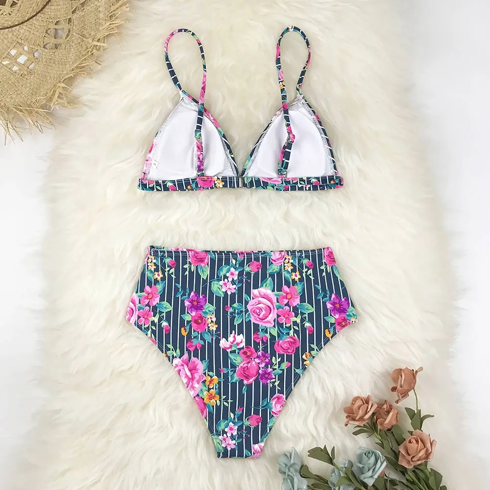 SEASELFIE Triangle High Waisted Bikini Sets Women Sexy Floral and Stripe Two Pieces Swimsuits 2020 Girls Swimming Suits Biquini