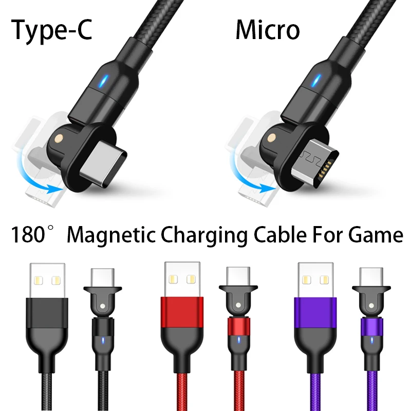 

180 Degree Magnetic USB Cable Fast Charging Micro/Type C USB Cable 180° Magnetic Charging Cable 3A Quick Charge For Cell Phone