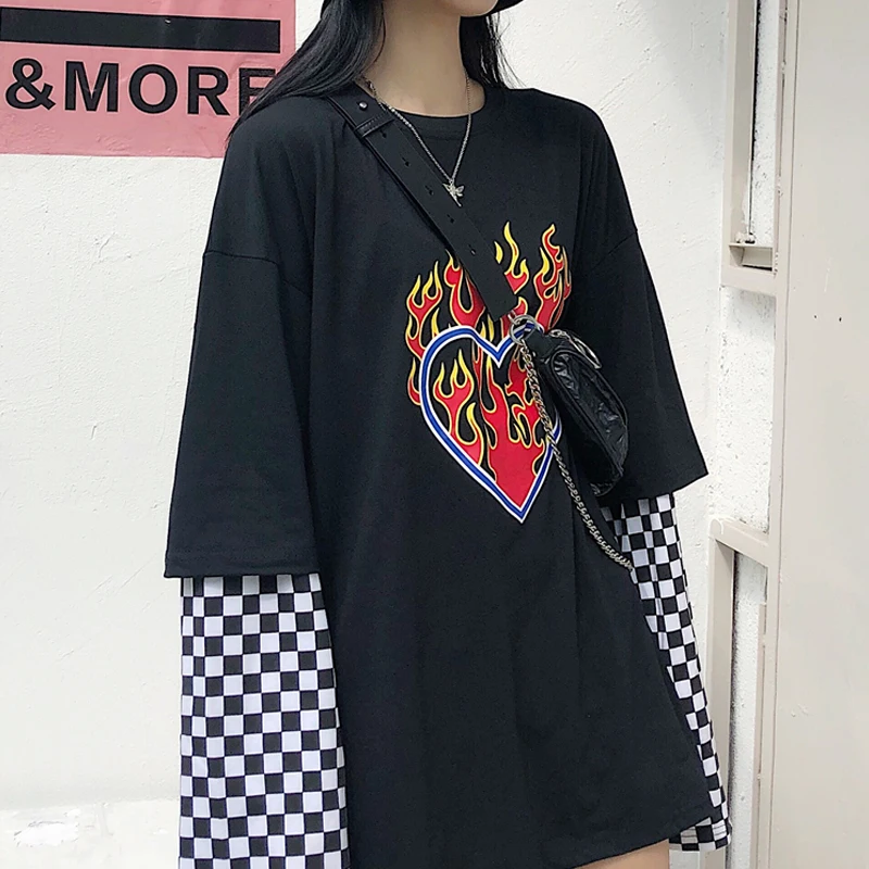 Woherb Harajuku Толстовка для женщин Лоскутные пуловеры шахматная доска печатные перемычки Поддельные 2 шт. рубашки для женщин уличная Blusas - Цвет: black